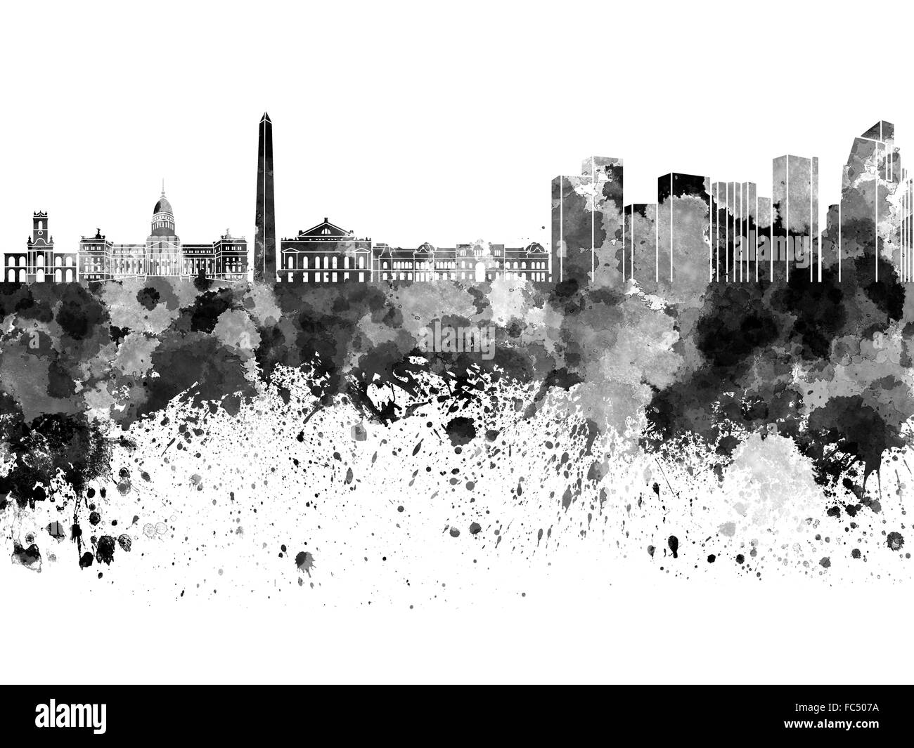 Buenos Aires skyline in black watercolor on white background Stock Photo