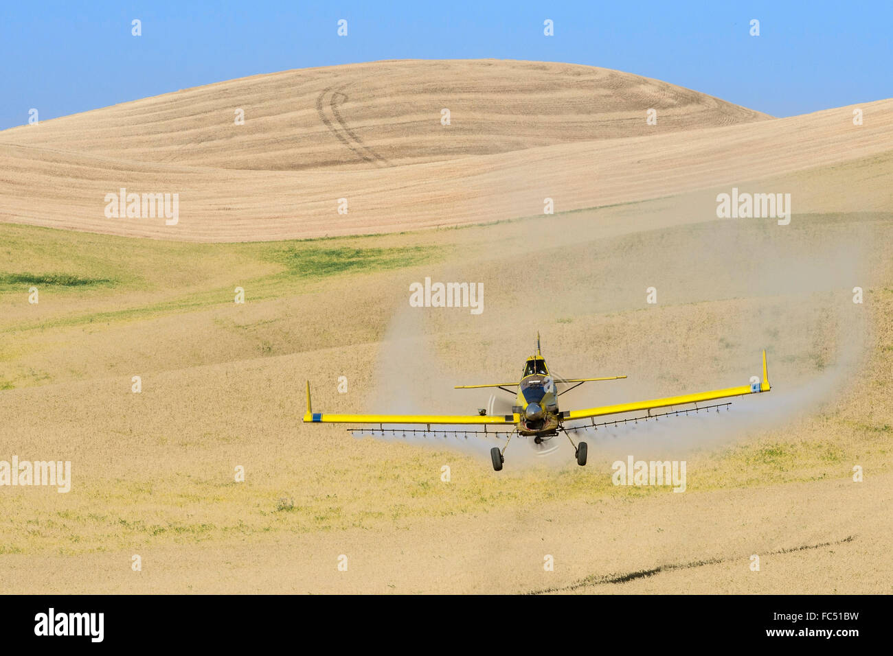 Crop duster spraying herbicide on fields of garbanzo beans in the
