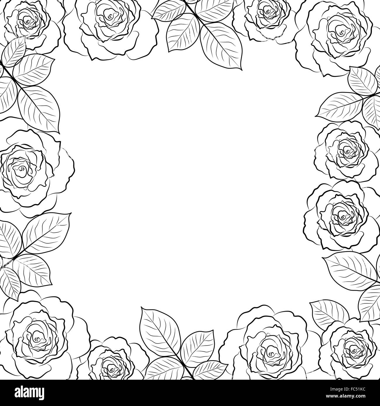 Geometric floral frame with rose flowers. Black outline simple desing  isolated on white background. Vector illustration.