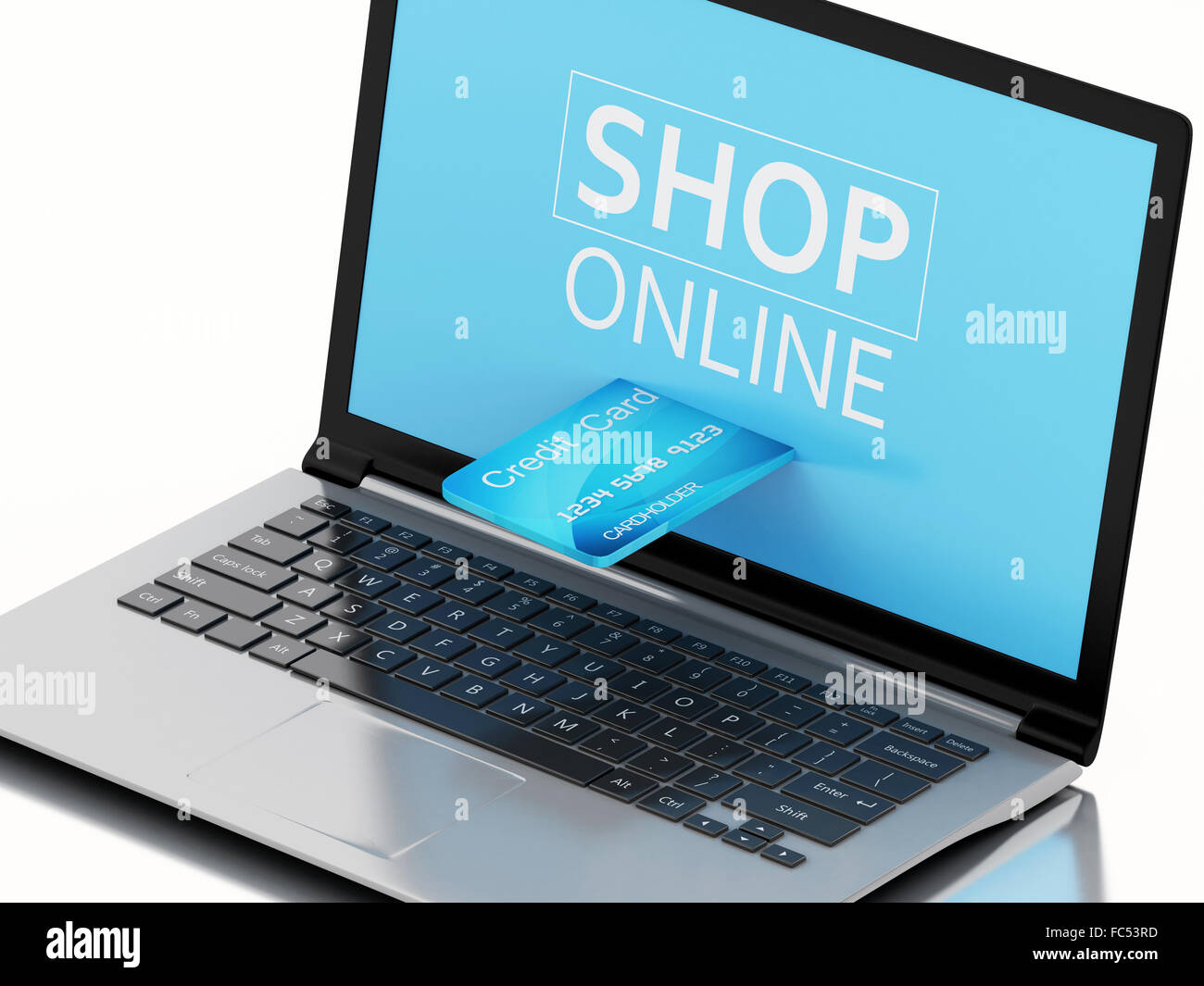 3d Laptop pc with credit card. Online purchase Stock Photo Alamy