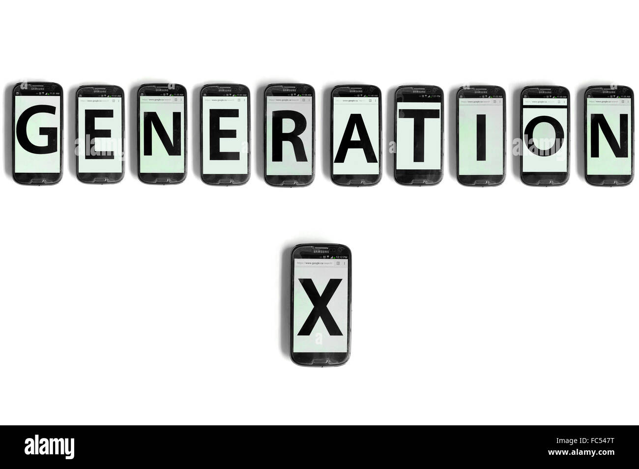 Generation X written on the screens of smartphones photographed against