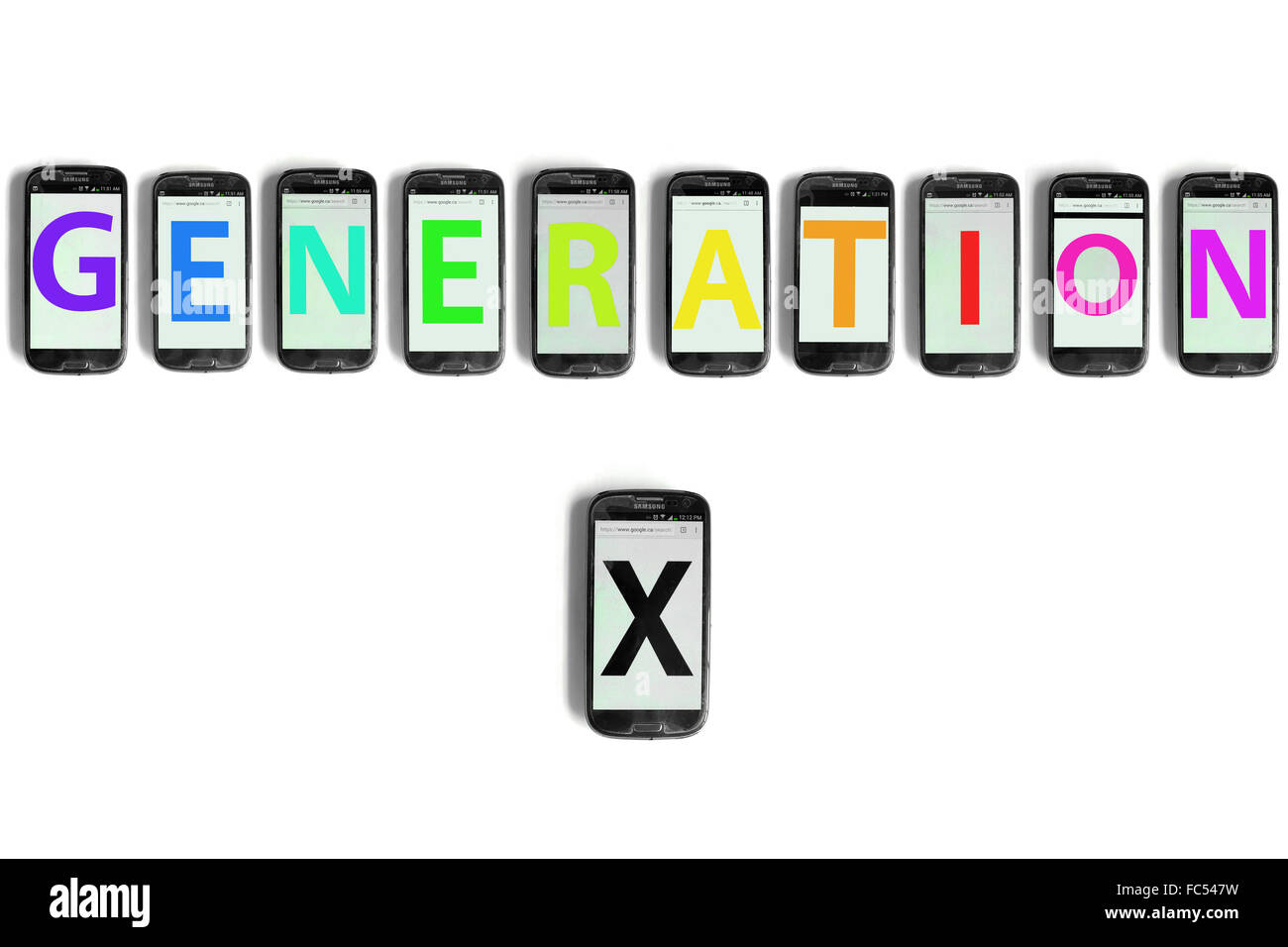 Generation X written on the screens of smartphones photographed against a white background. Stock Photo