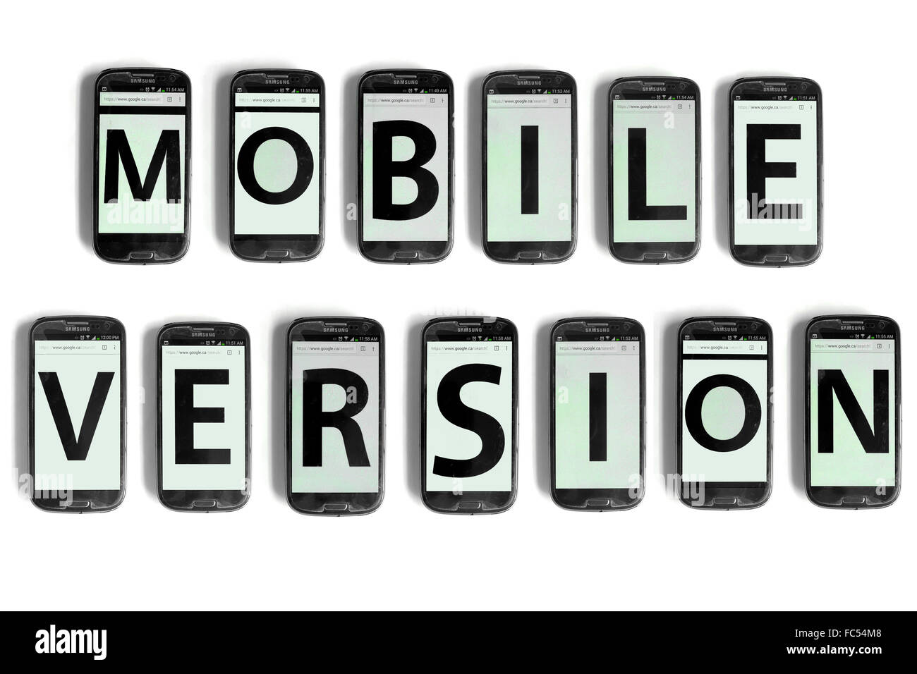 Mobile Version written on the screens of smartphones photographed against a white background. Stock Photo