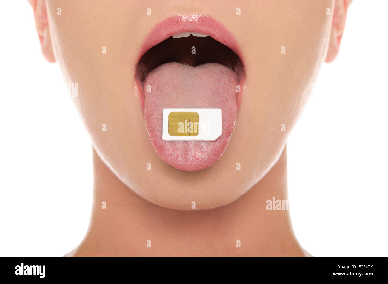 Sim card on his tongue hanging out woman Stock Photo