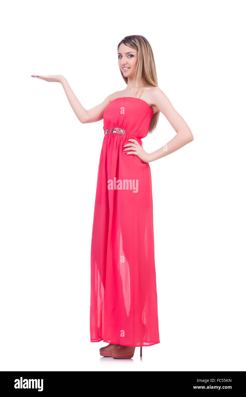 Beautiful girl in pink long dress isolated on white Stock Photo - Alamy