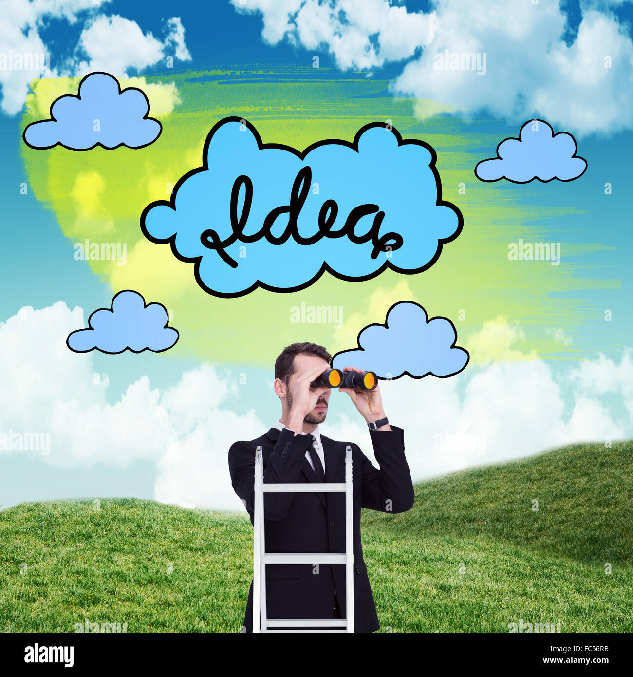 Composite image of businessman looking on a ladder Stock Photo