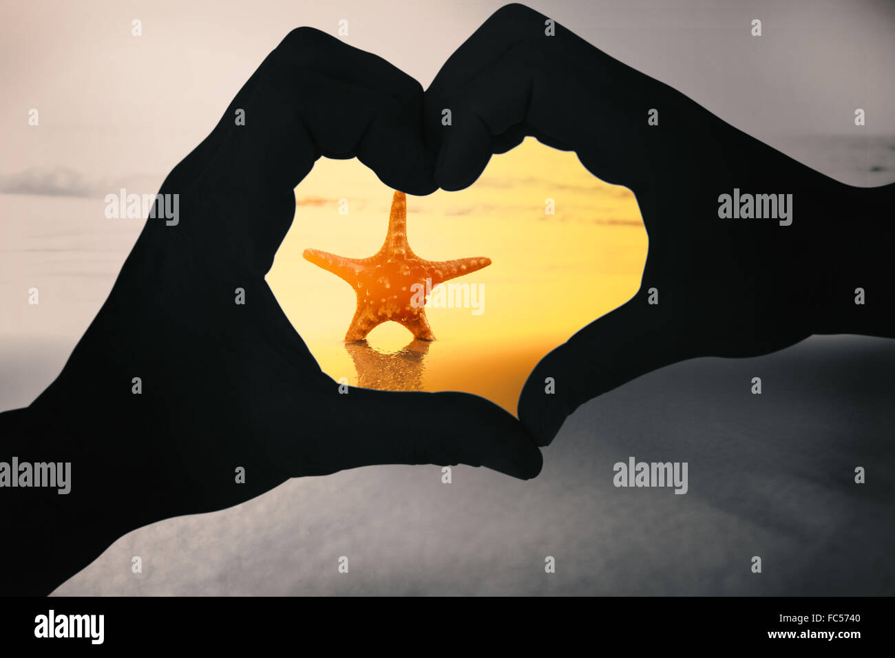 Composite image of couple making heart shape with hands Stock Photo - Alamy