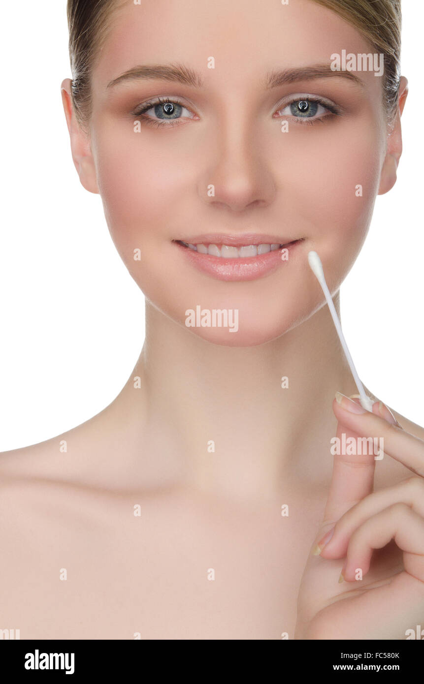 happy woman holding cotton swabs at mouth Stock Photo Alamy