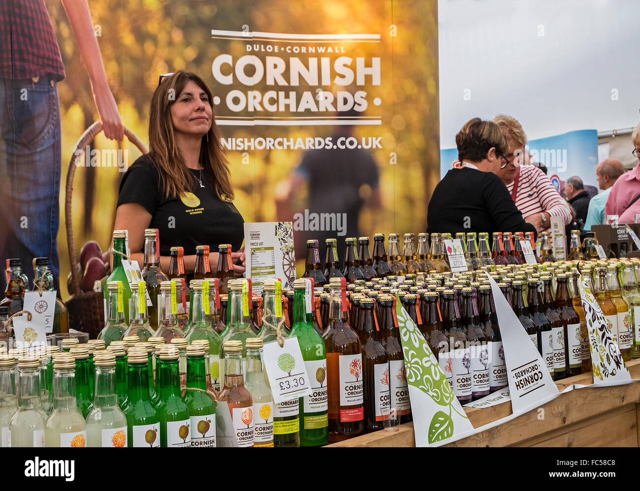 A Cornish Orchards stall on the farmers market in Truro, Cornwall, UK Stock Photo