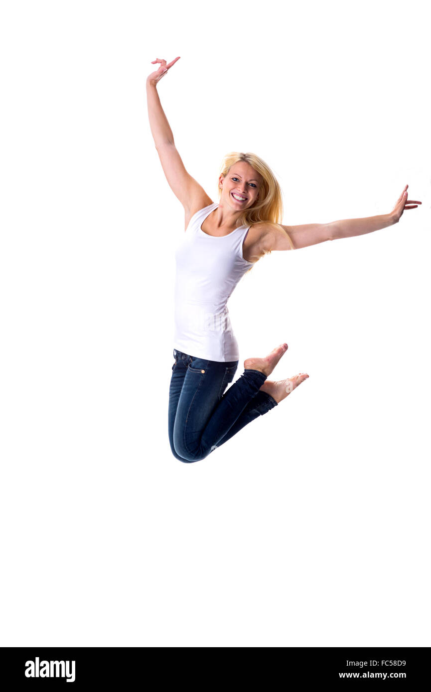 Attractive woman in jump Stock Photo