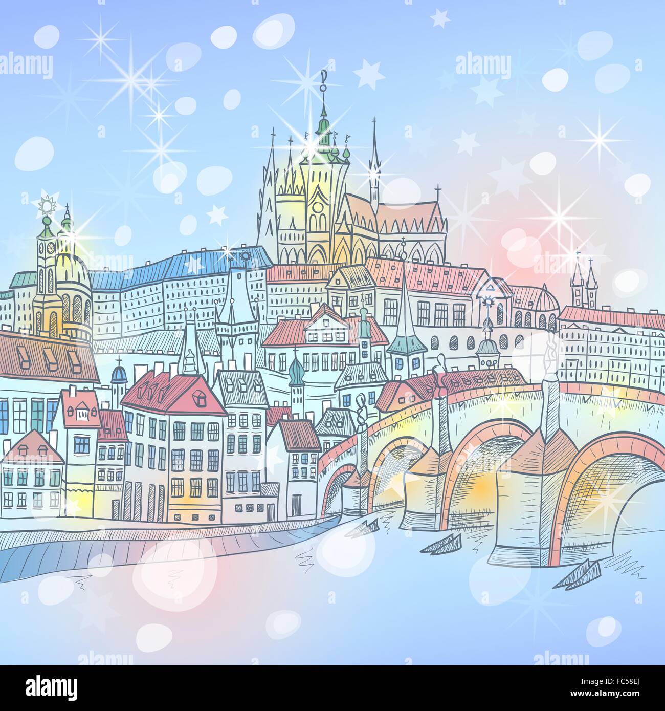 Charles Bridge in Prague at night, Czechia Stock Vector