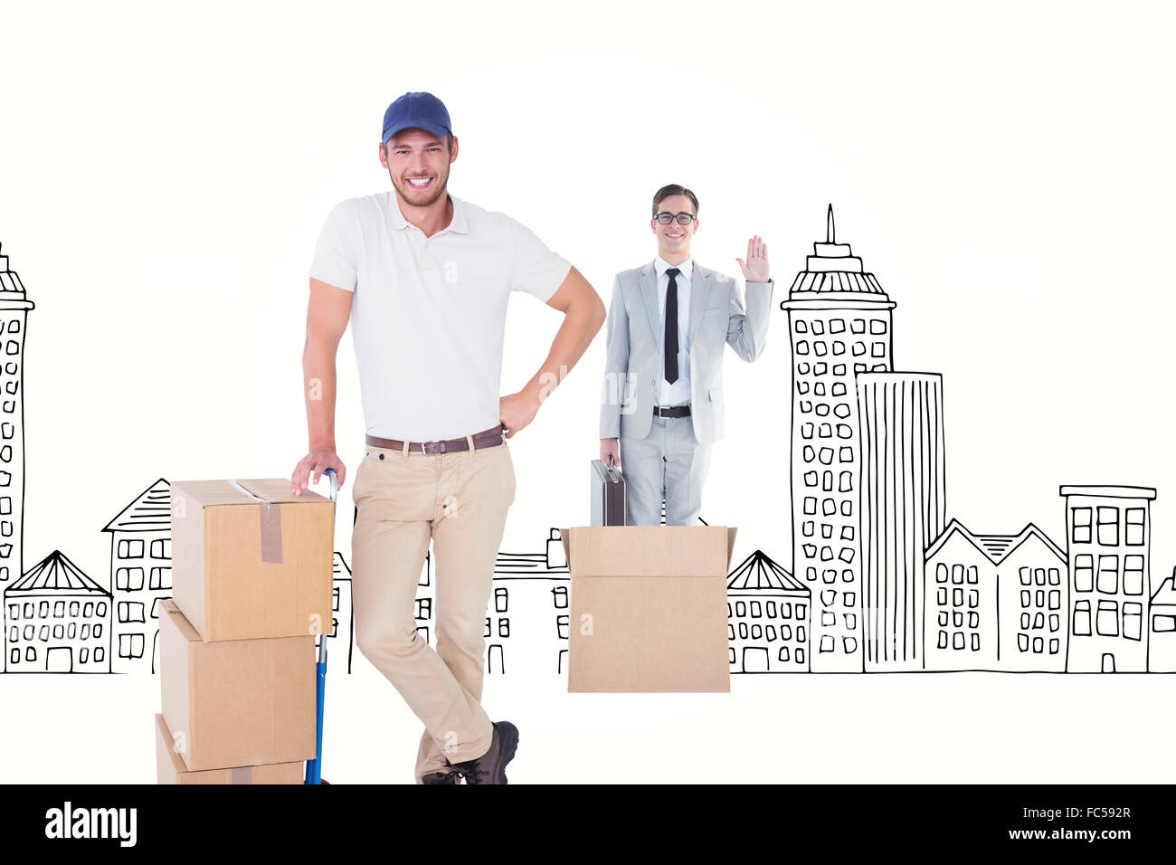 Composite image of happy delivery man leaning on trolley of boxes Stock Photo