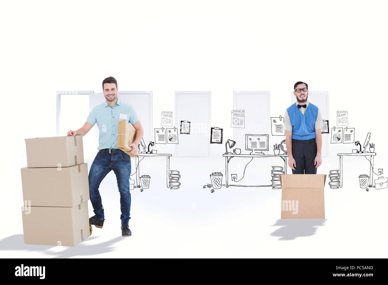 Composite image of courier man with cardboard boxes Stock Photo