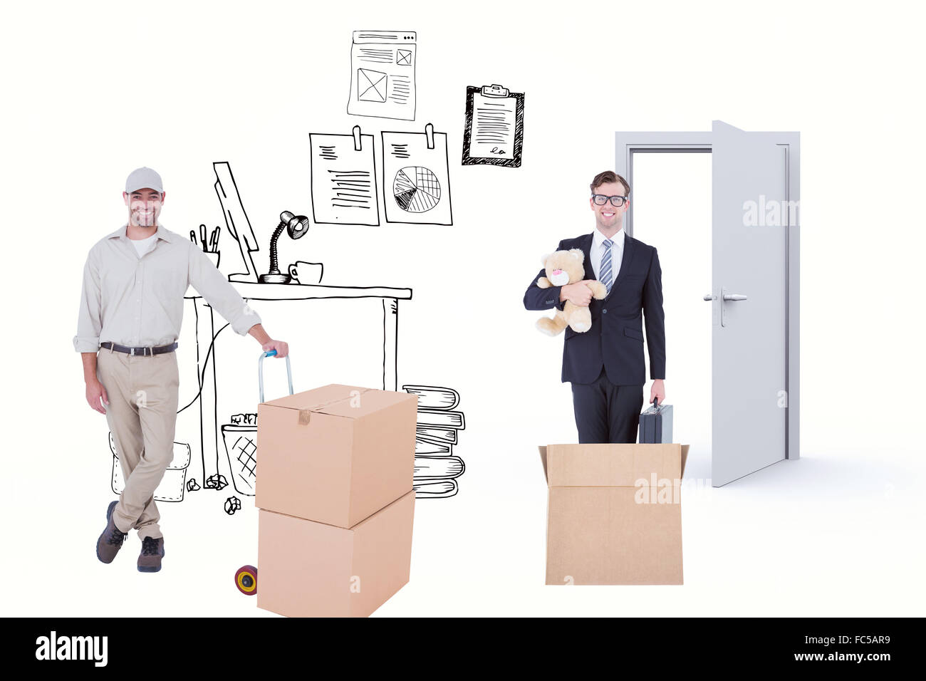 Composite image of confident delivery man with cardboard boxes Stock Photo