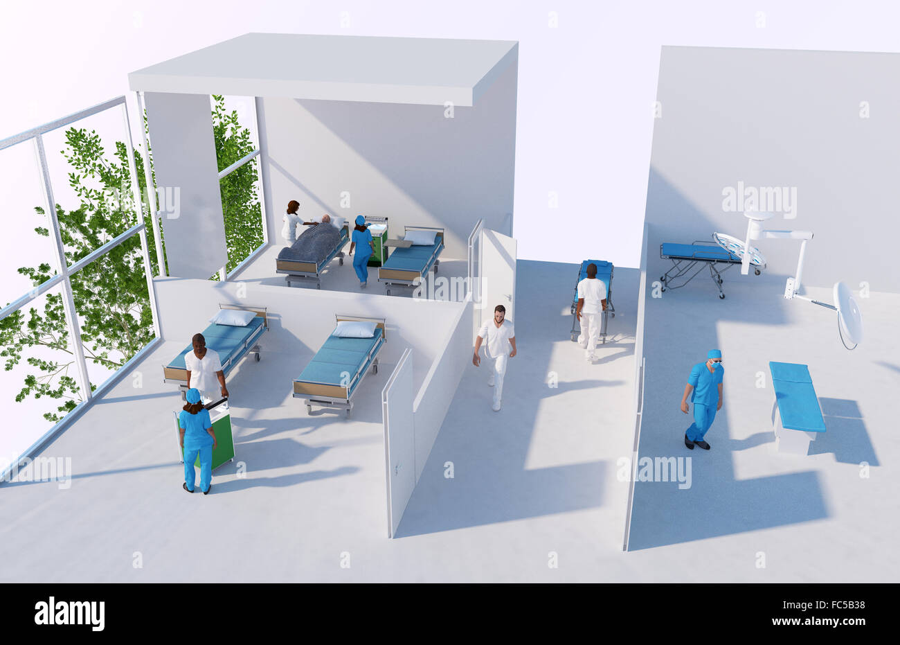 3D reconstruction of a hospital with nurses, surgeons and rooms Stock Photo