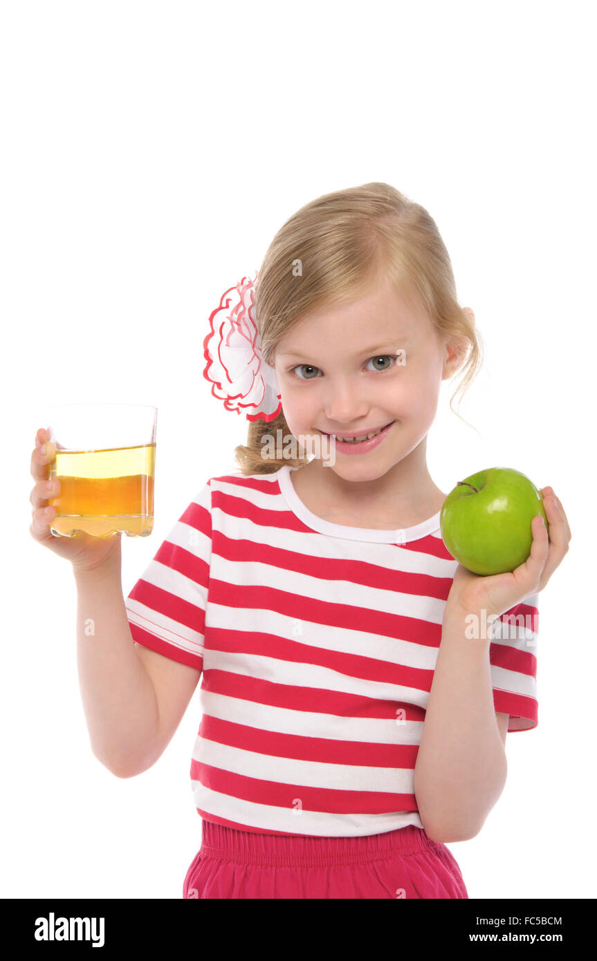 happy girl with apple and apple juice Stock Photo Alamy