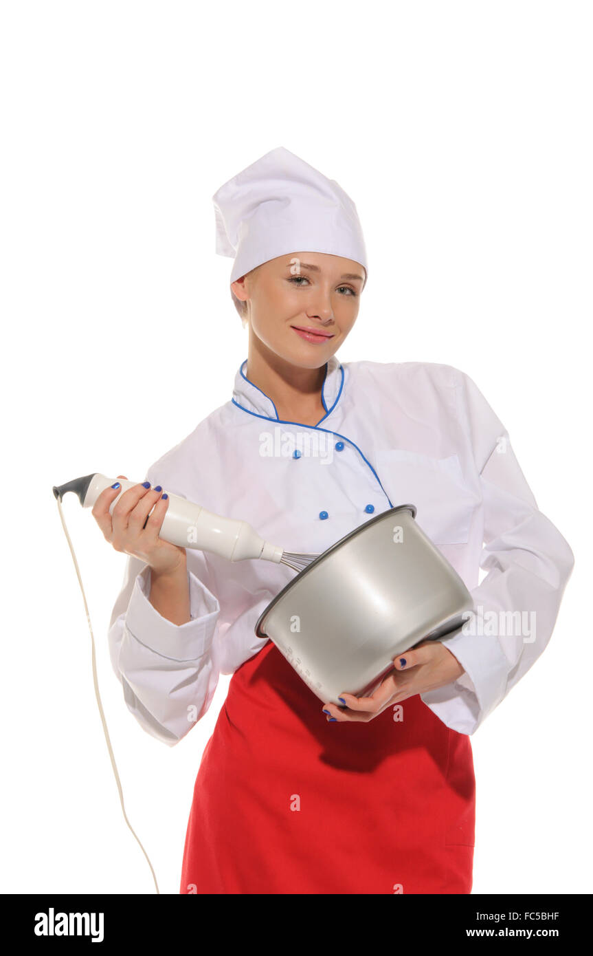happy woman chef  with blender and pot Stock Photo