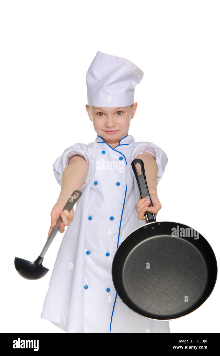 Bewildered chef with ladle and pan Stock Photo