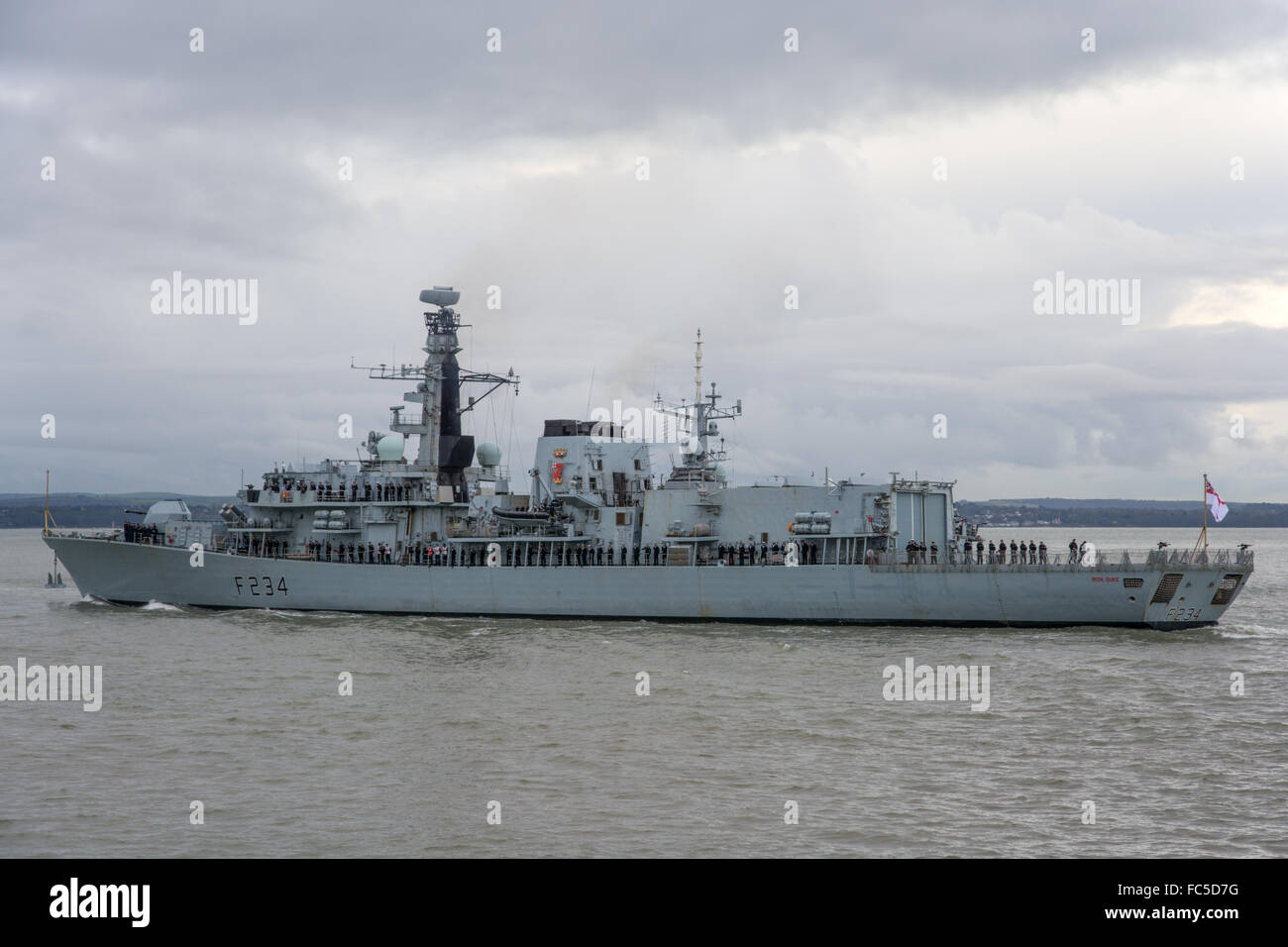 The Royal Navy Type 23 Frigate, HMS Iron Duke, departing Portsmouth, UK