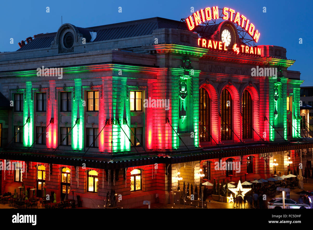 Union Station decorated with Christmas holiday lights, Denver, Colorado