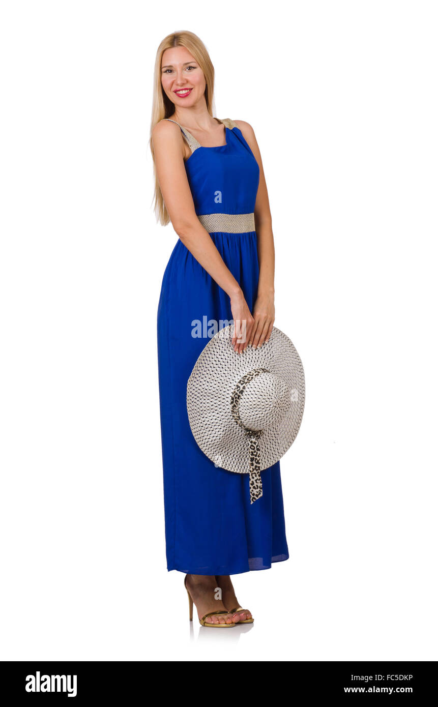 Beautiful woman in long blue dress isolated on white Stock Photo - Alamy