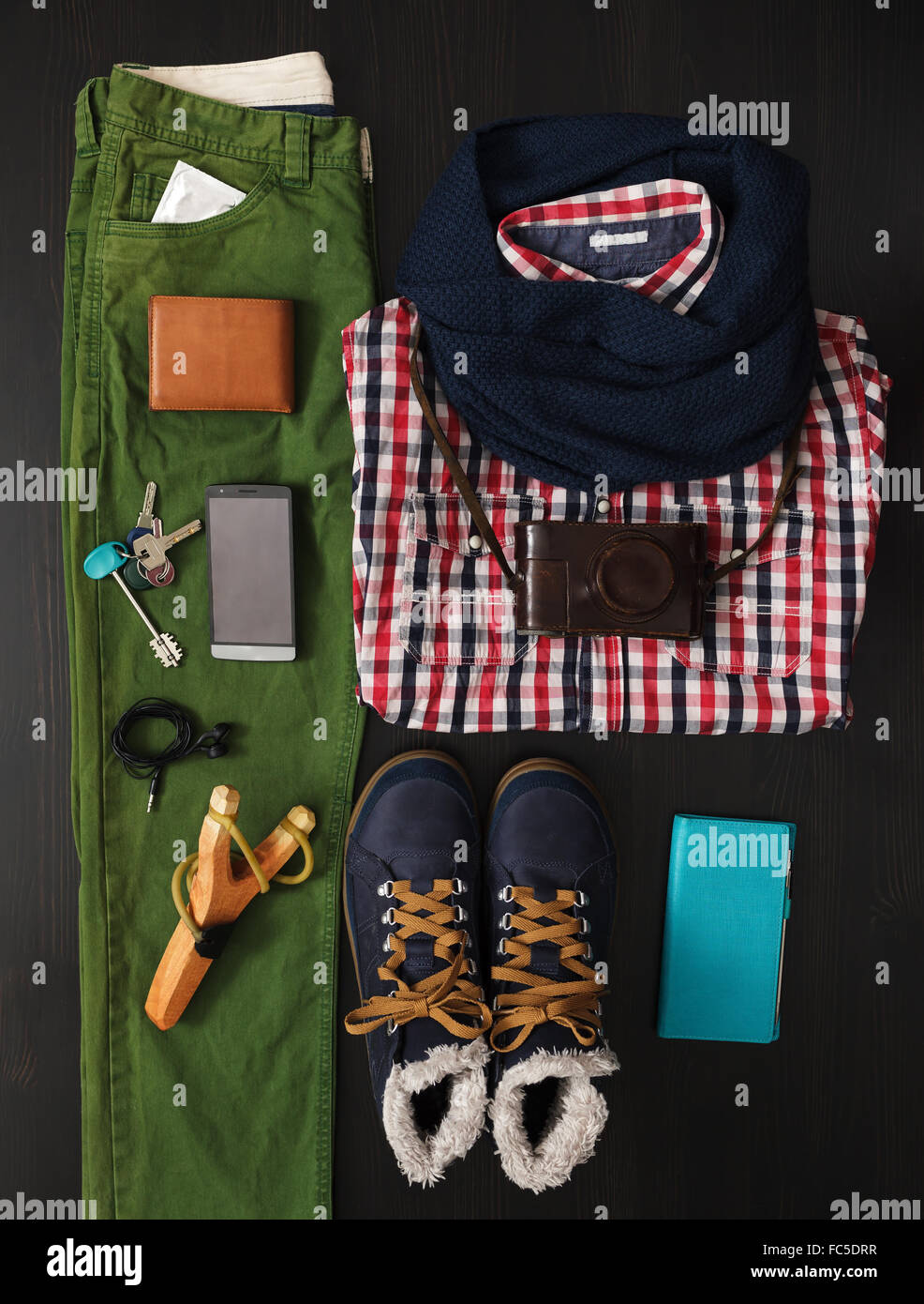 Winter hipster things neatly arranged on a wooden surface Stock Photo