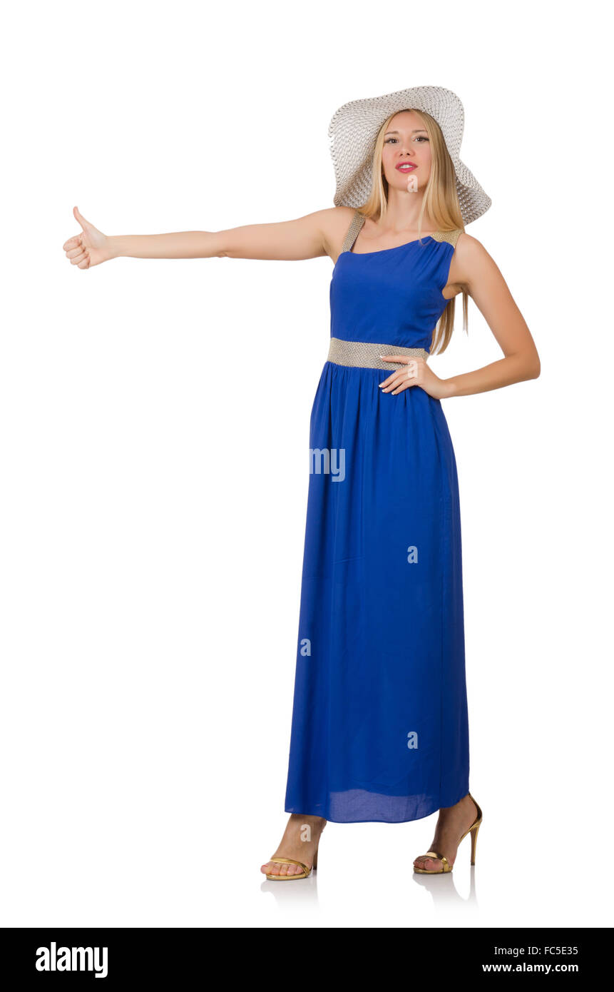 Beautiful woman in long blue dress isolated on white Stock Photo - Alamy