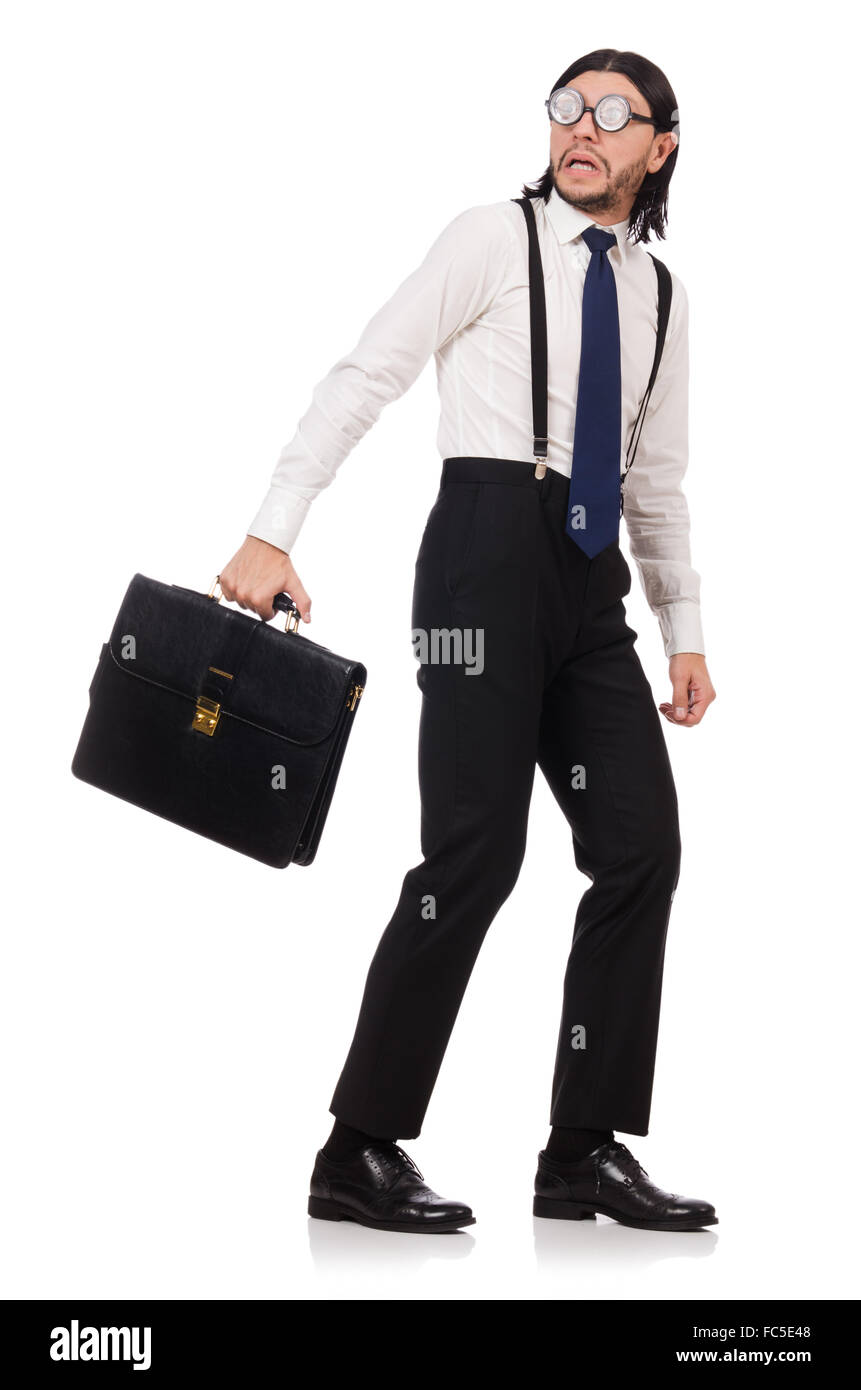 Young manager with briefcase isolated on white Stock Photo