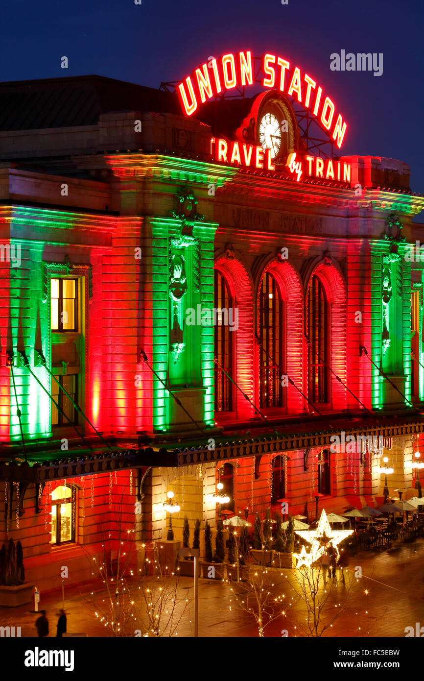 Union Station decorated with Christmas holiday lights, Denver, Colorado