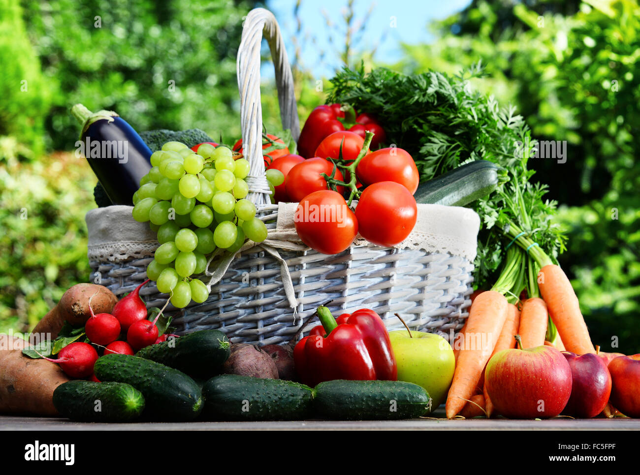 Variety of fresh organic vegetables and fruits in the garden. Balanced ...