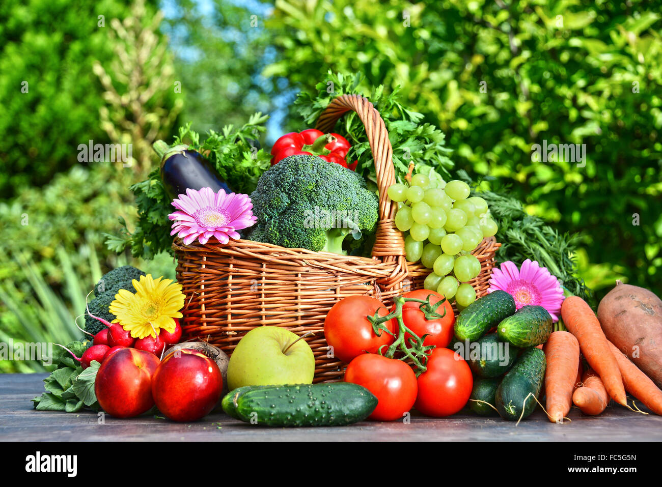 Variety of fresh organic vegetables and fruits in the garden. Balanced ...