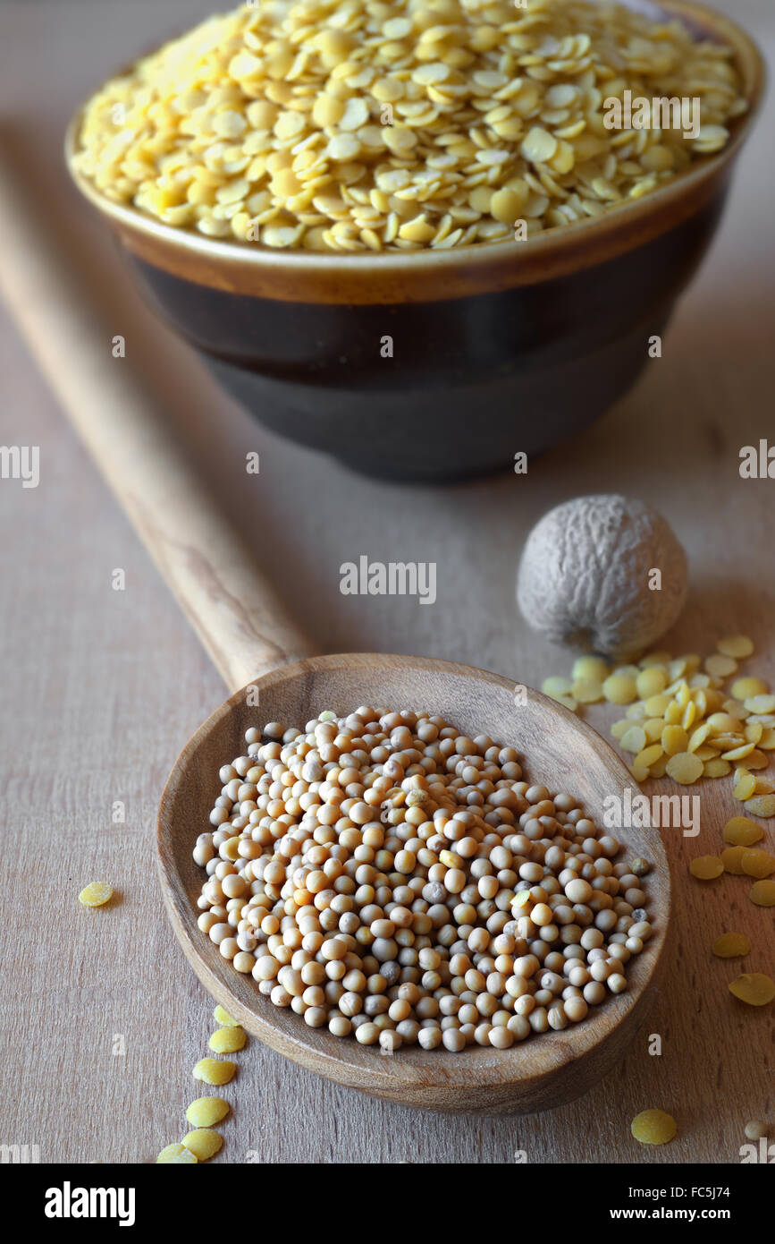 Mustard Seeds and Yellow Lentils Stock Photo