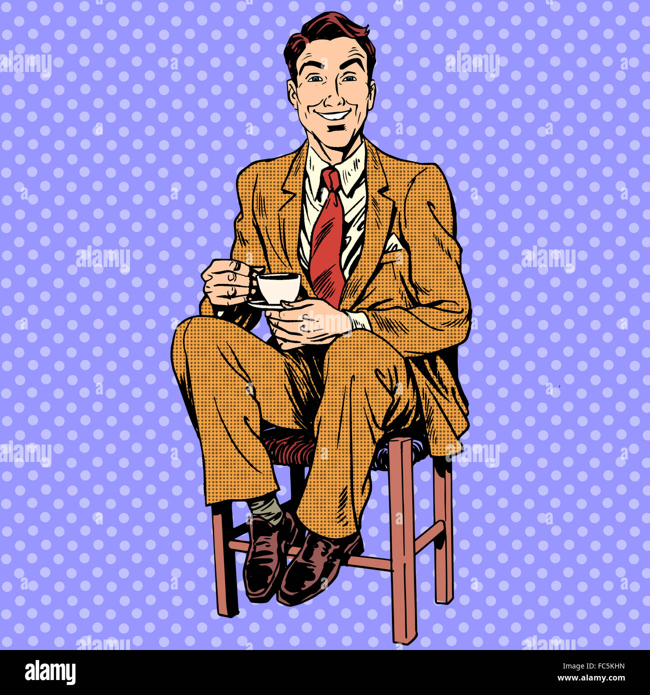 Man drinking tea sitting on the stool Stock Photo