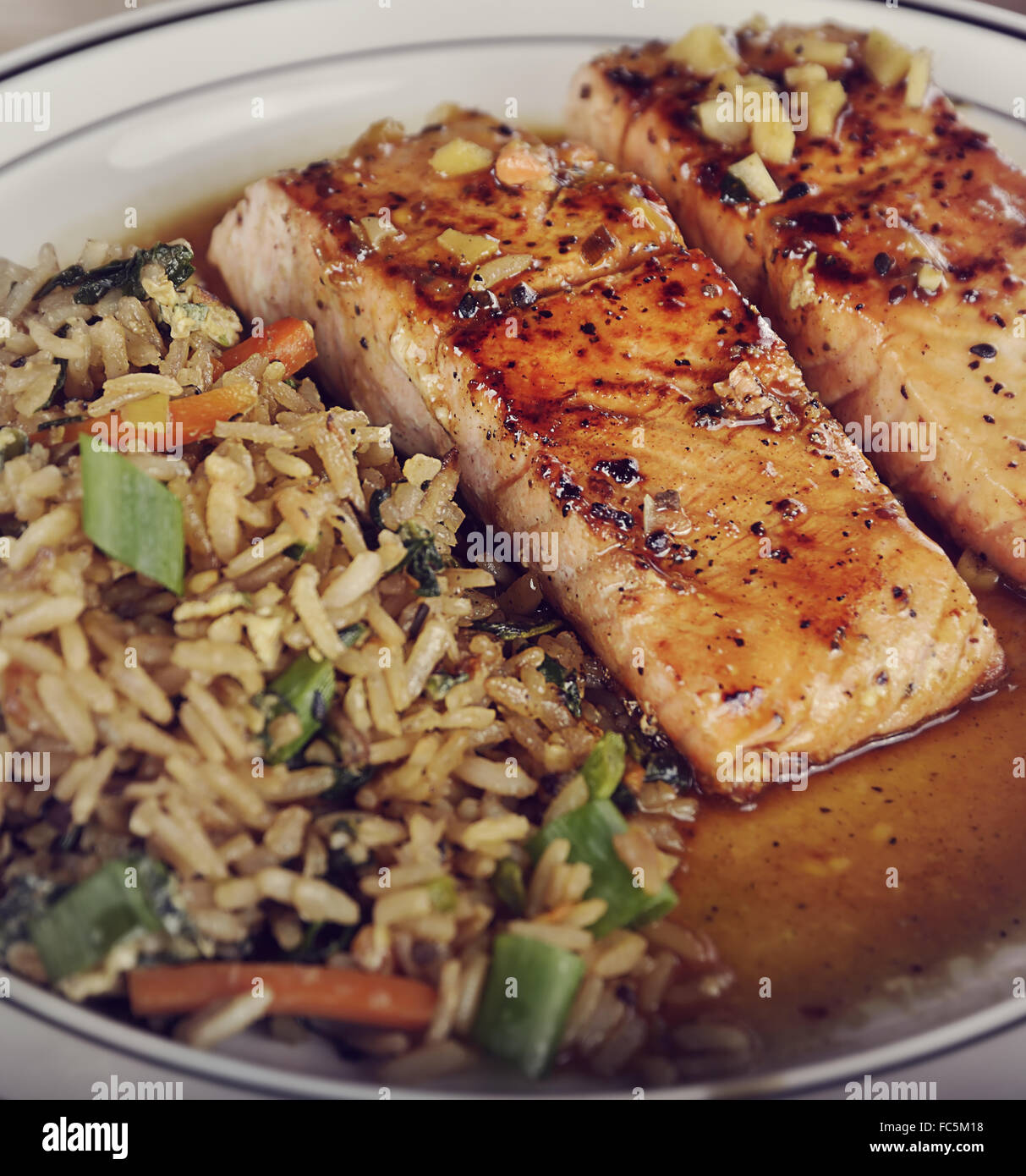 Slmon And Rice Salmon and Rice with Mushrooms Stock Photo - Alamy