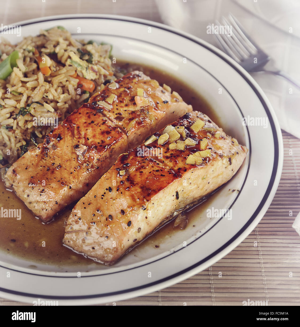 Slmon And Rice Salmon and Rice with Mushrooms Stock Photo - Alamy