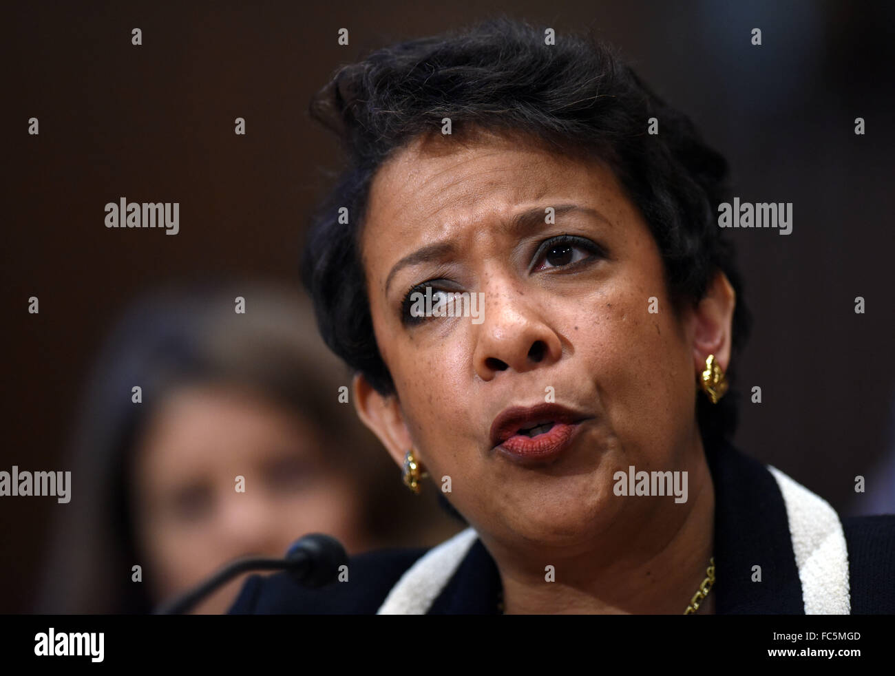 Washington, DC, DC, USA. 20th Jan, 2016. U.S. Attorney General Loretta Lynch testifies before the Senate Commerce, Justice, Science, and Related Agencies subcommittee hearing on gun control on Capitol Hill in Washington, DC, Jan. 20, 2016. U.S. Attorney General Loretta Lynch on Wednesday defended U.S. President Barack Obama's executive actions on gun control as legal amid Republicans' fierce opposition. Credit:  Yin Bogu/Xinhua/Alamy Live News Stock Photo