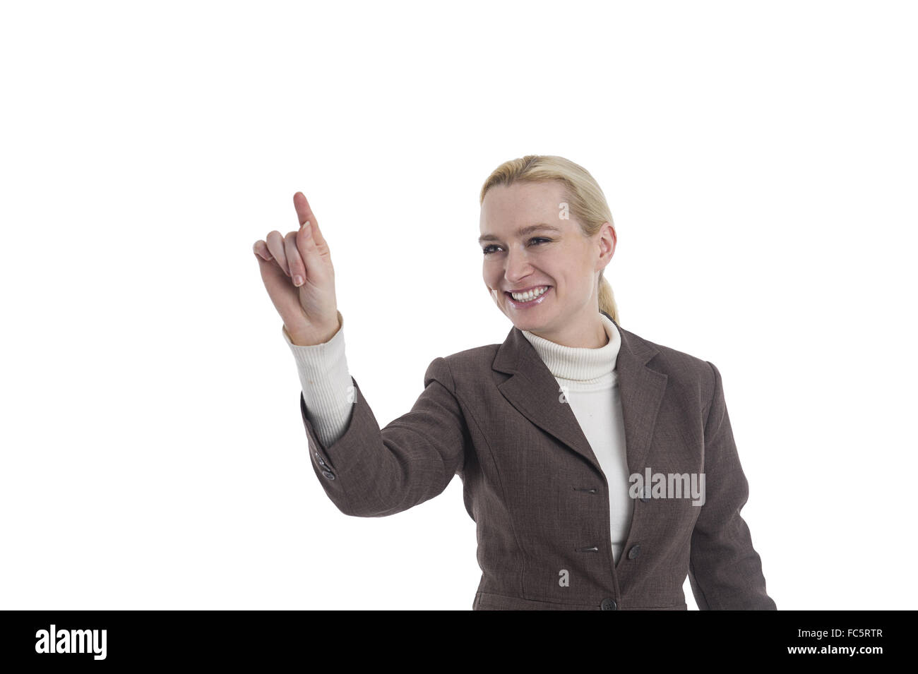 Woman pointing to the left with your hand Stock Photo