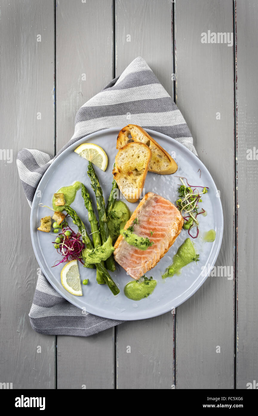 salmon with green asparagus nordic style Stock Photo