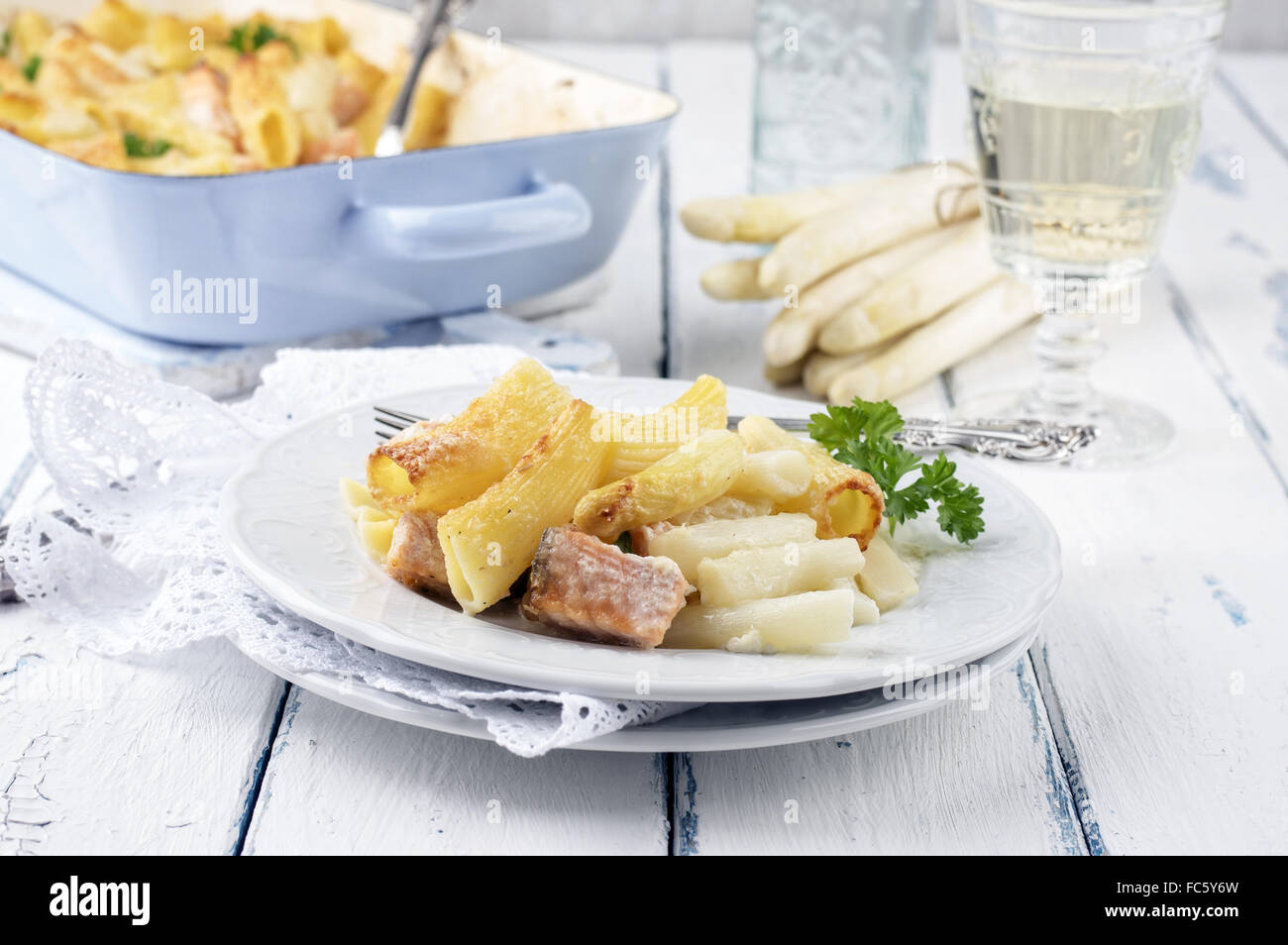 Pasta Bake with Asparagus and Salmon Stock Photo Alamy