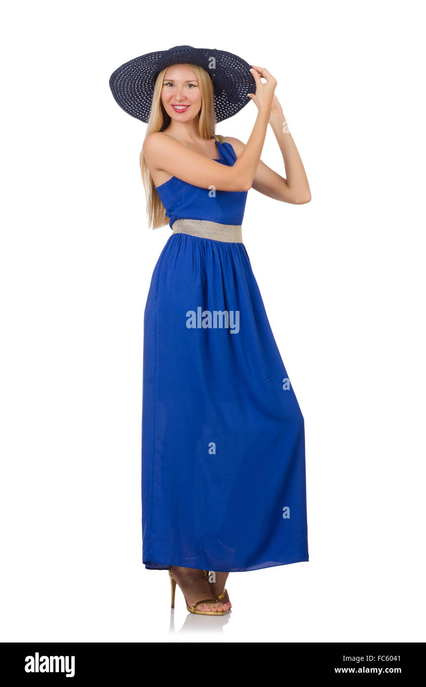 Beautiful woman in long blue dress isolated on white Stock Photo - Alamy