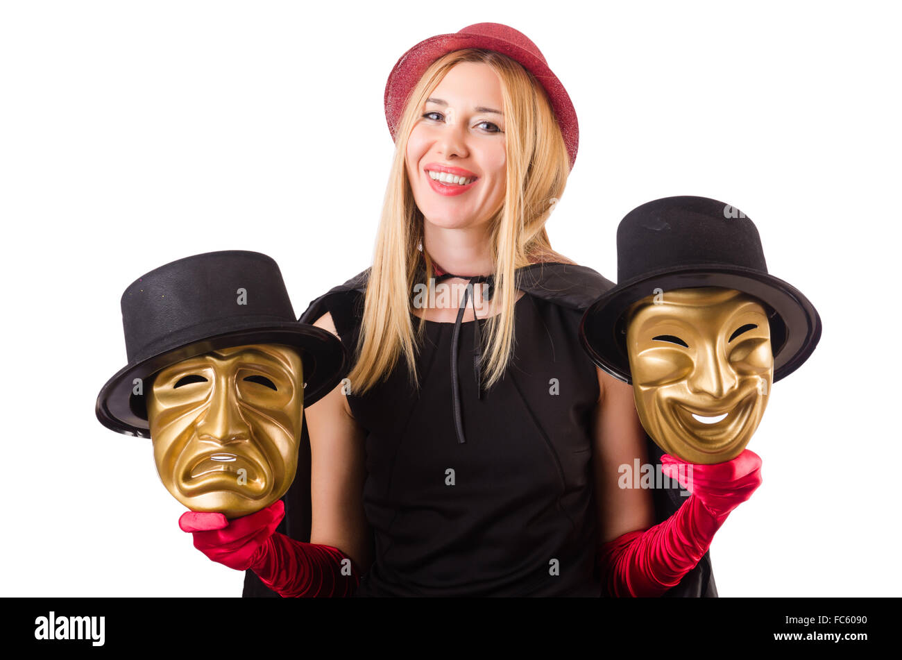 Woman with theater masks isolated on white Stock Photo Alamy