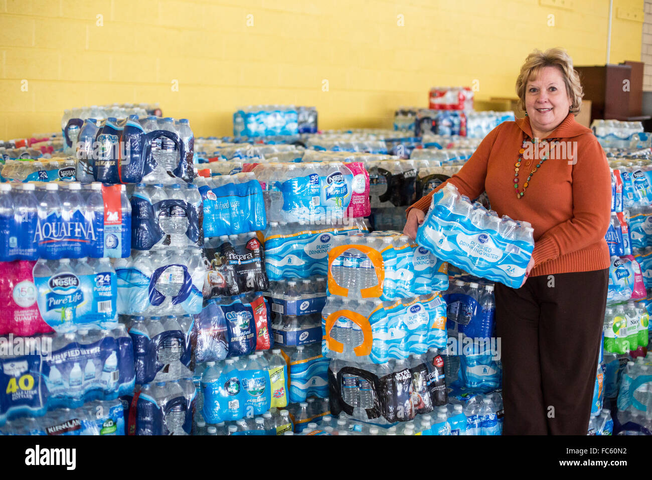 Flint, Michigan - Bottled water distributed through Catholic Charities because of lead in the city's drinking water. Stock Photo