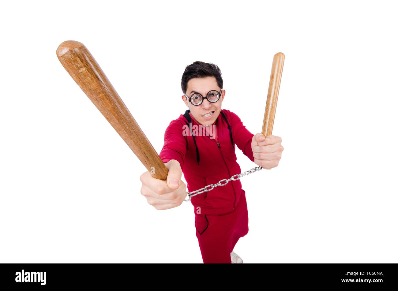 Funny sportsman with nunchuks isolated on white Stock Photo