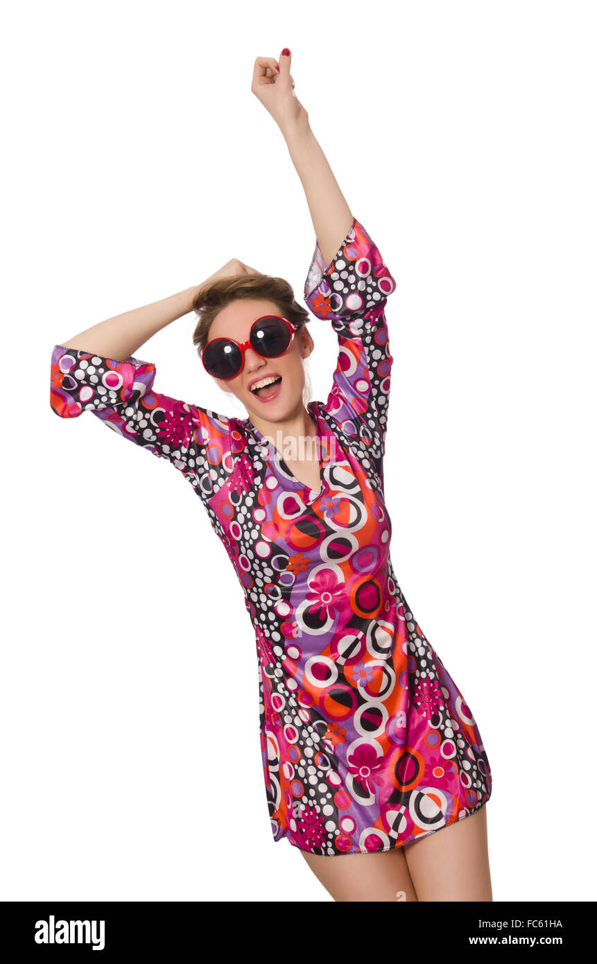 Pretty girl in dress with pink prints isolated on white Stock Photo - Alamy