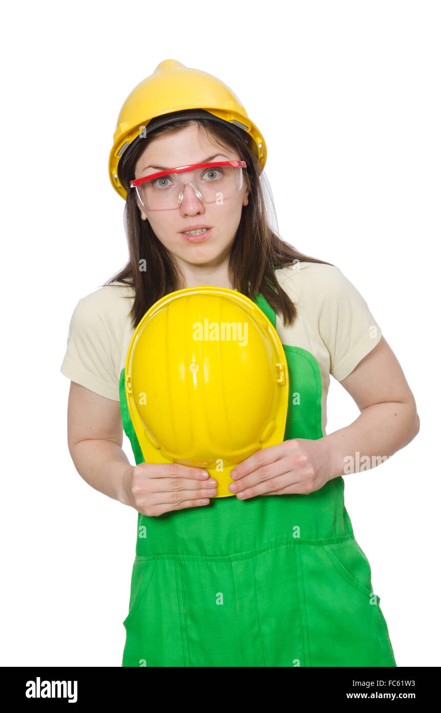 Female worker wearing coverall isolated on white Stock Photo Alamy