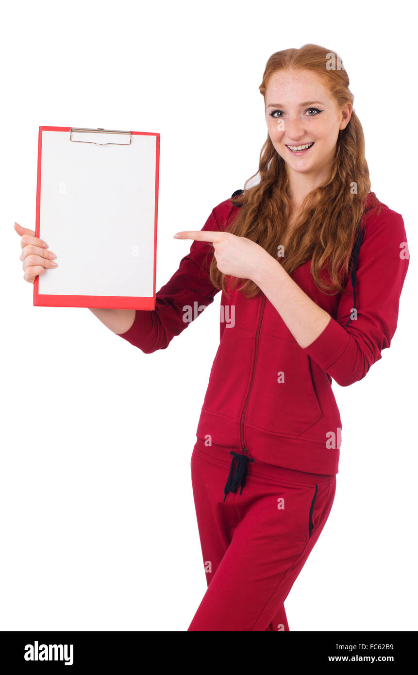 Pretty young coach with organiser isolated on white Stock Photo Alamy