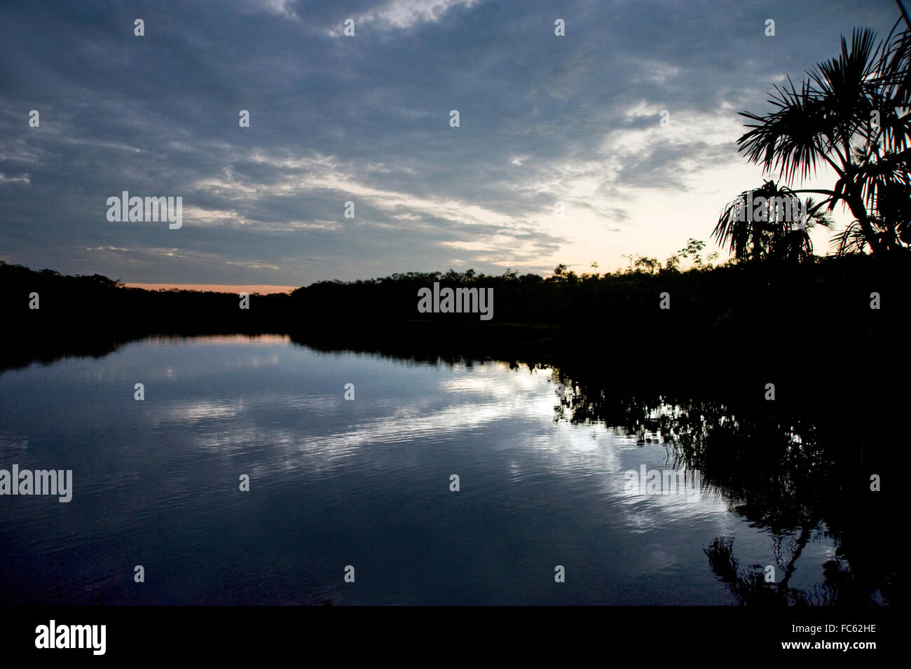 the Amazon river in Ecuador at sunset Stock Photo