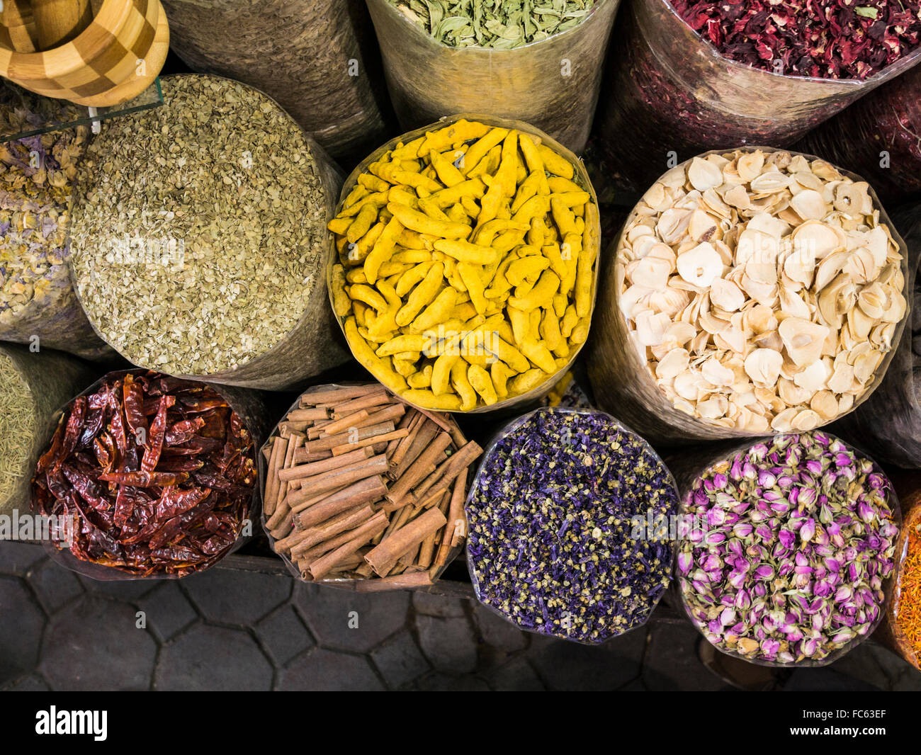 Souk Display Dubai spice souk window display; herbs, dried fruits, spices, dried ...
