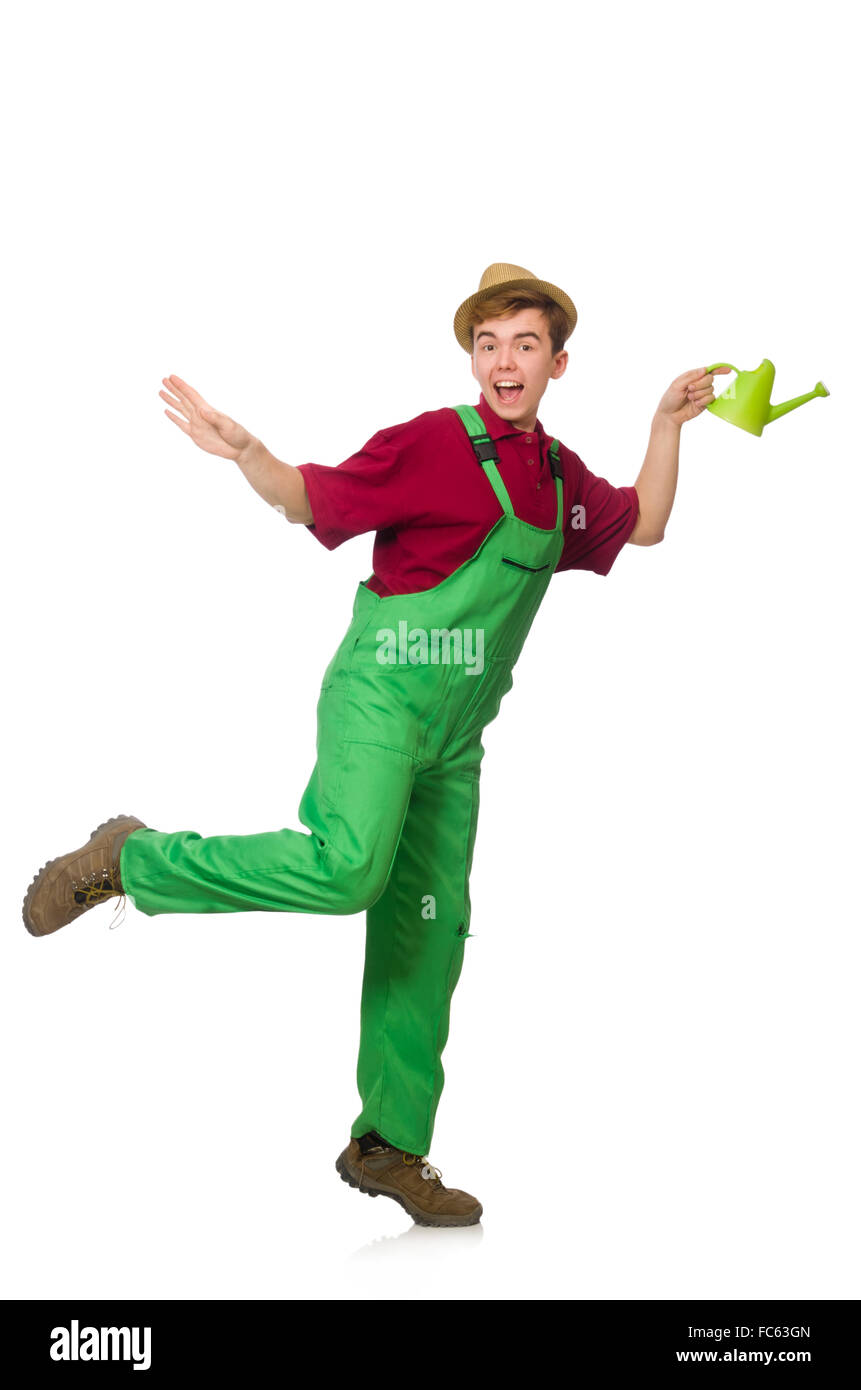 Young gardener with watering can isolated on white Stock Photo - Alamy