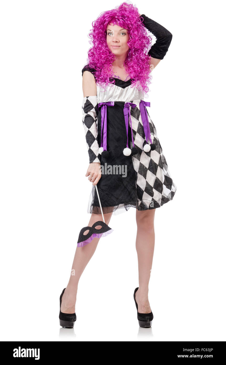 Pretty girl in jester costume isolated on white Stock Photo